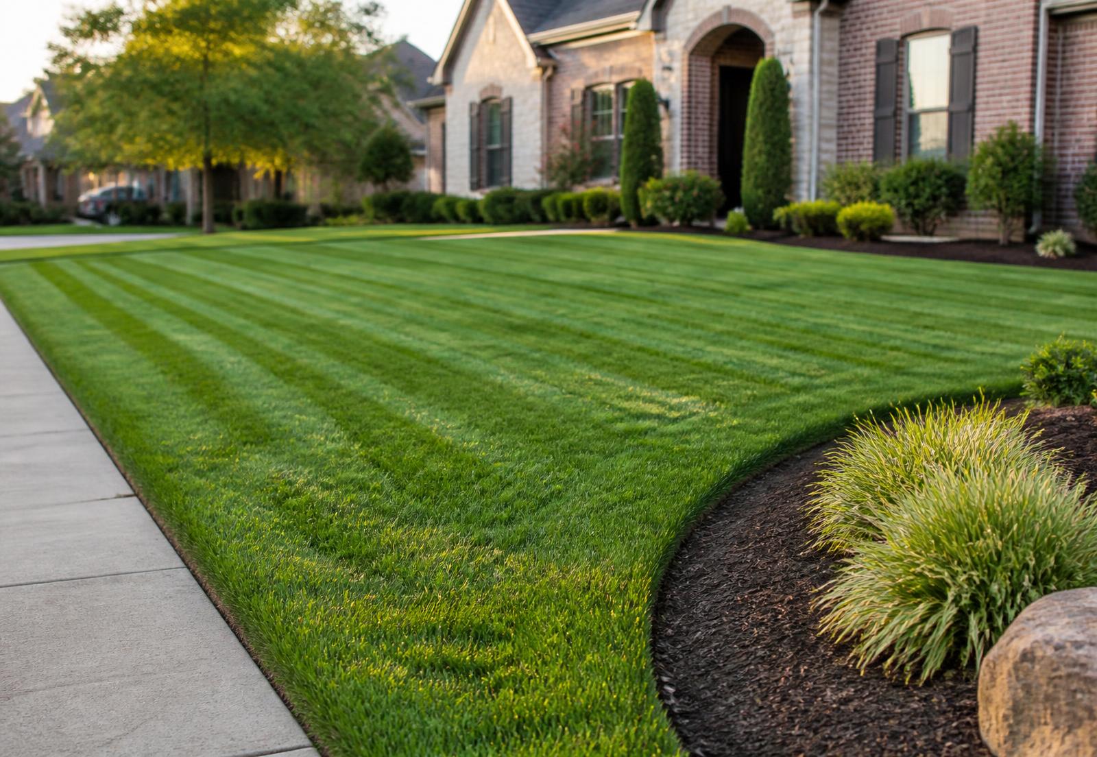 Freshly mowed Central Arkansas front lawn with mowing stripes and tidy landscape beds