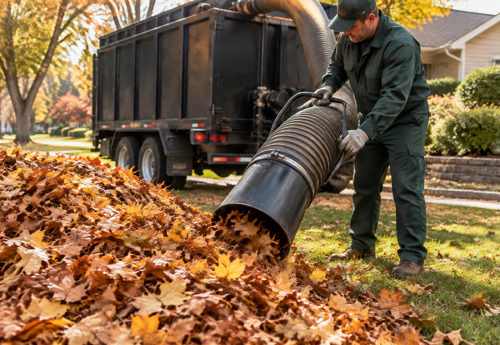 Commercial debris loader vacuuming fallen leaves from a Maumelle property