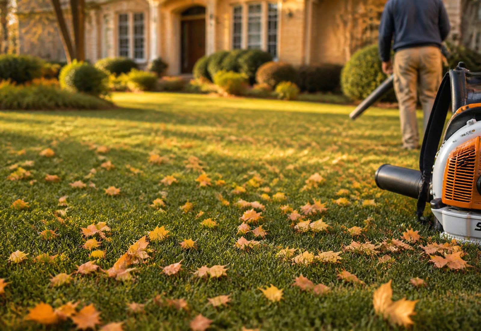 Crew member clearing fallen autumn leaves from a residential Maumelle lawn with commercial equipment