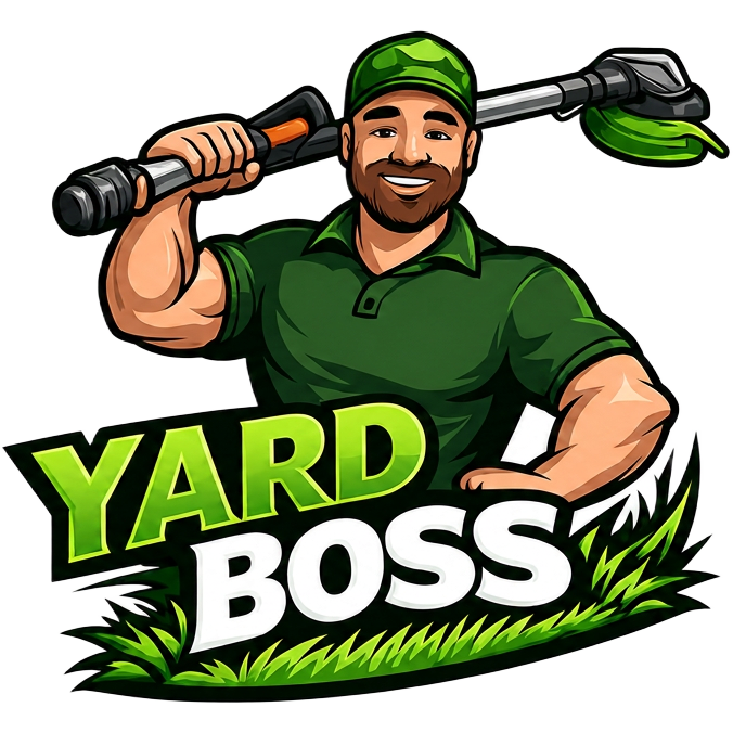 Yard Boss mascot character in work gear, representing the local lawn care crew