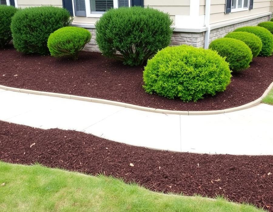 Freshly mulched landscape bed with trimmed shrubs along a home foundation