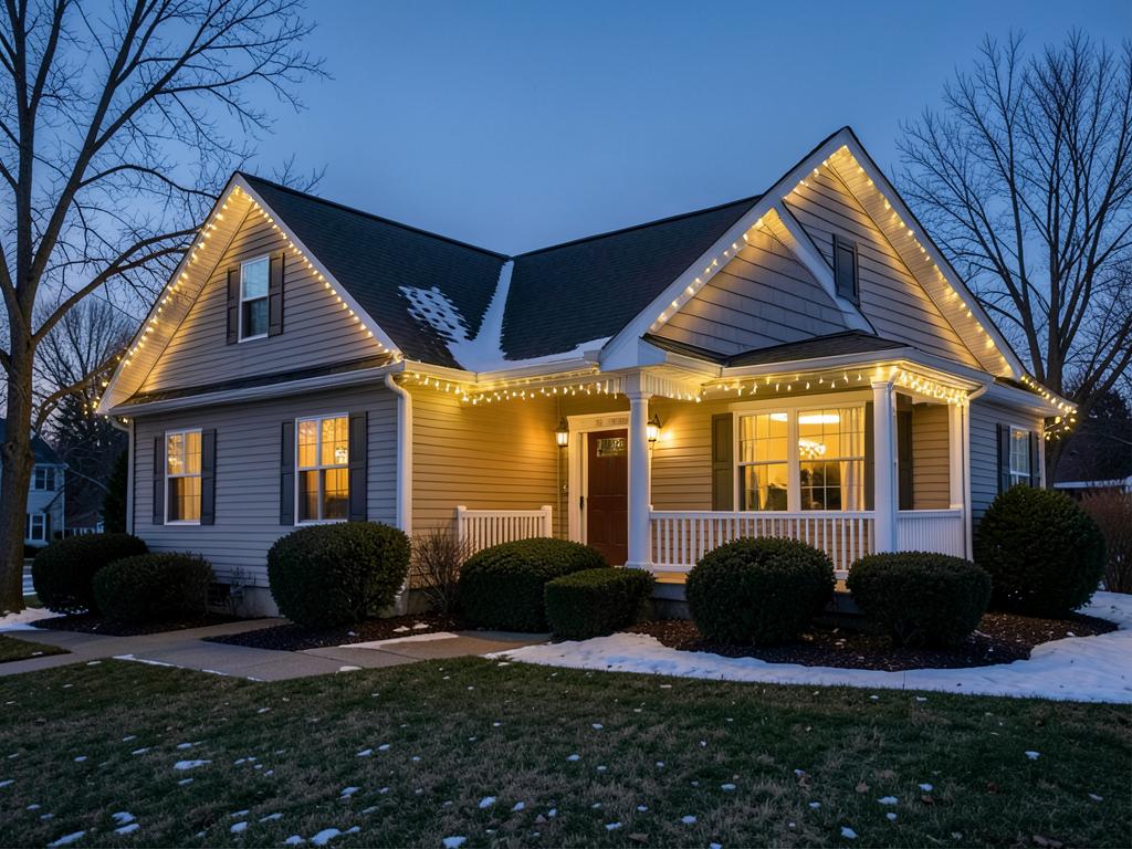 West Little Rock home with professionally installed warm white Christmas lights along the roofline at dusk