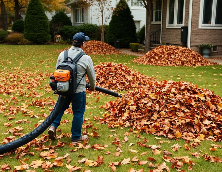 Seasonal cleanup crew clearing leaves and debris from a residential yard and beds