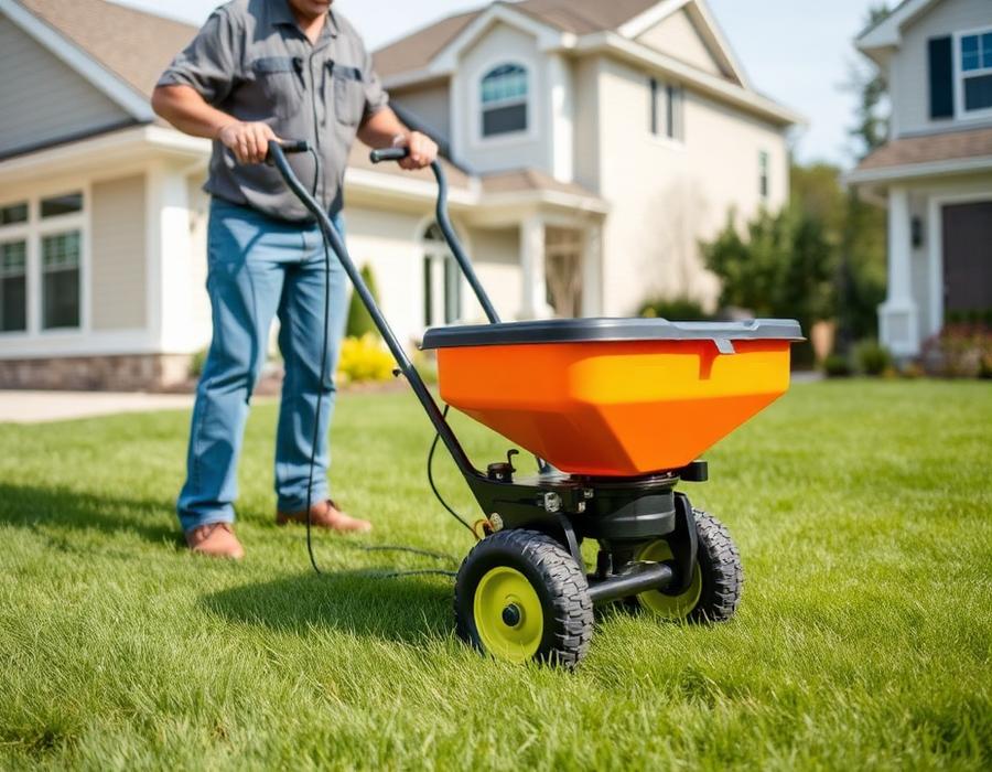Technician applying fertilizer and weed control to a thick green Arkansas lawn