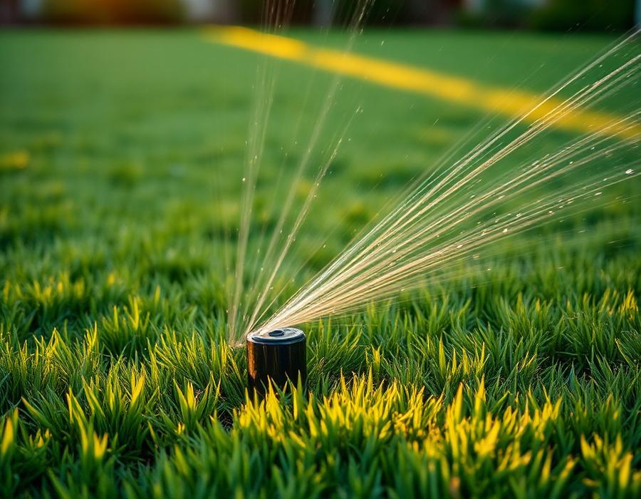 Lawn sprinkler head spraying water across a green lawn during an irrigation inspection