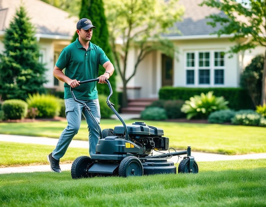 Crew member mowing a residential Central Arkansas lawn, leaving clean cut stripes
