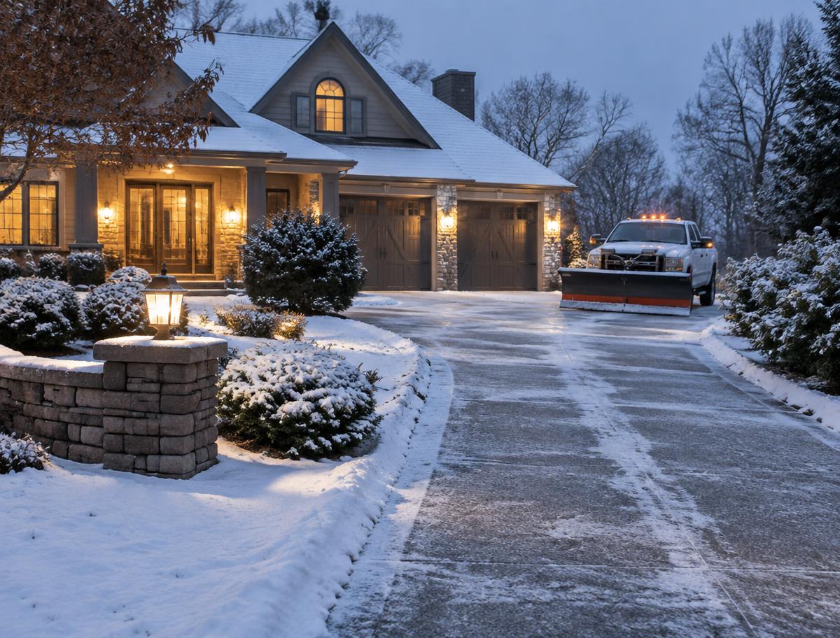 Residential driveway lightly covered in snow with a pickup truck and snow plow prepared for winter service